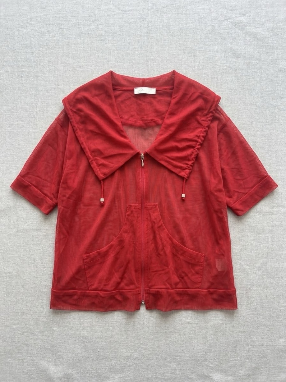 Zoe Mesh Red Short-Sleeve Utility Jacket with Oversized Collar